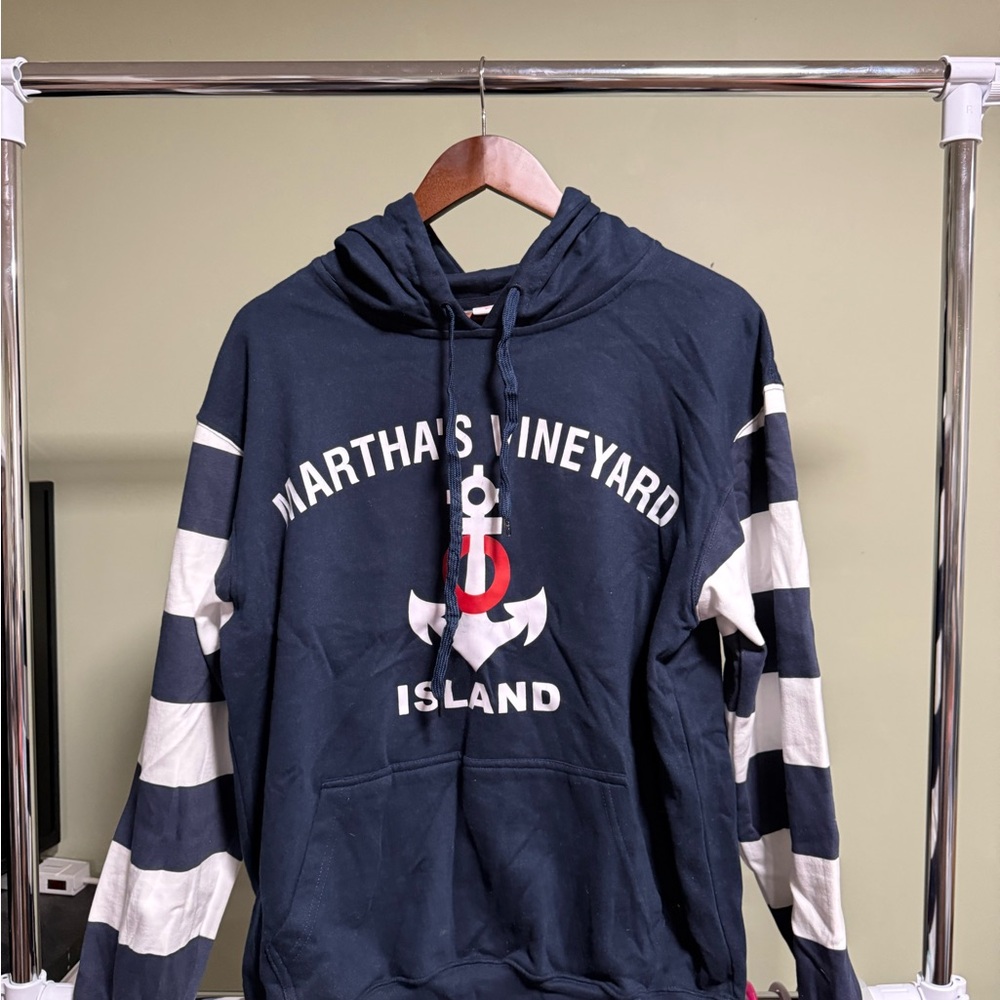 Navy and White Men's Hoodie